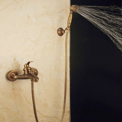Antique Brass Traditional Wall-Mount Tub Faucet, Single-Handle Tub Filler with Handheld Shower