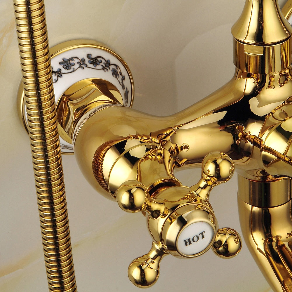 Polished Gold Wall-Mount Tub Filler Faucet, Telephone Dual-Handle Bathtub Faucet with Handheld Shower