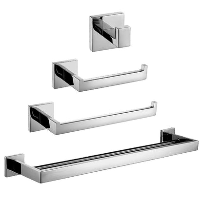 Chrome Wall-Mounted Stainless Steel Bathroom Hardware Set, 4-Piece Bathroom Accessory Kit with Double Towel Bar / Toilet Paper Holder / Robe Hook / Towel Holder