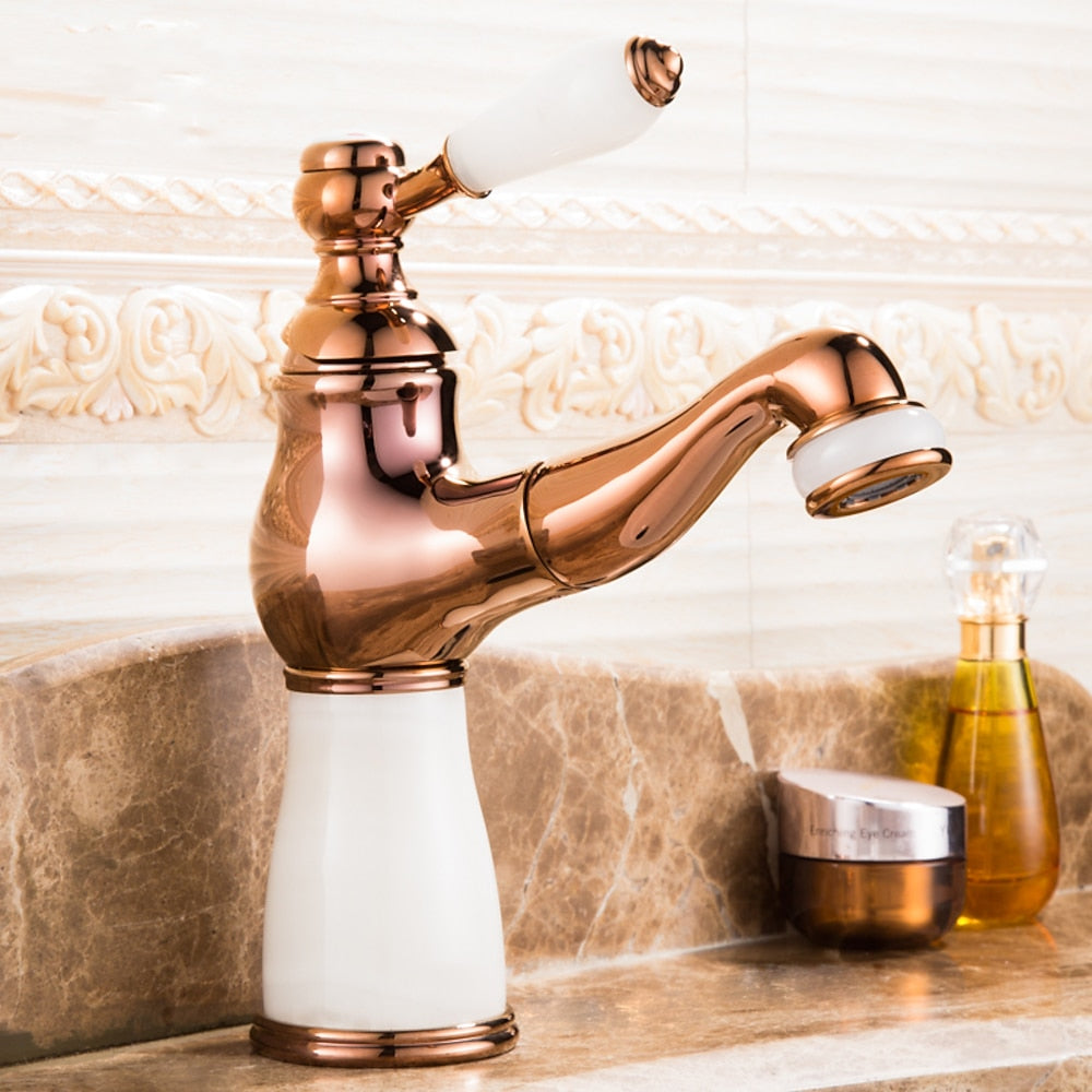 Pull-Out Vintage Single-Hole Bathroom Faucet, Single-Handle Brass Faucet, Rose Gold