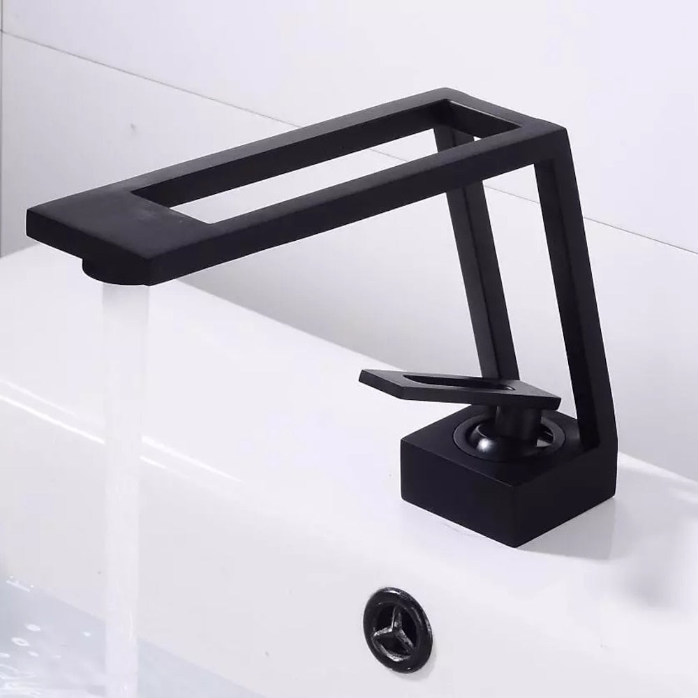 Geometric Hollow-Out Spout Bathroom Faucet, Modern Single-Handle Brass Faucet