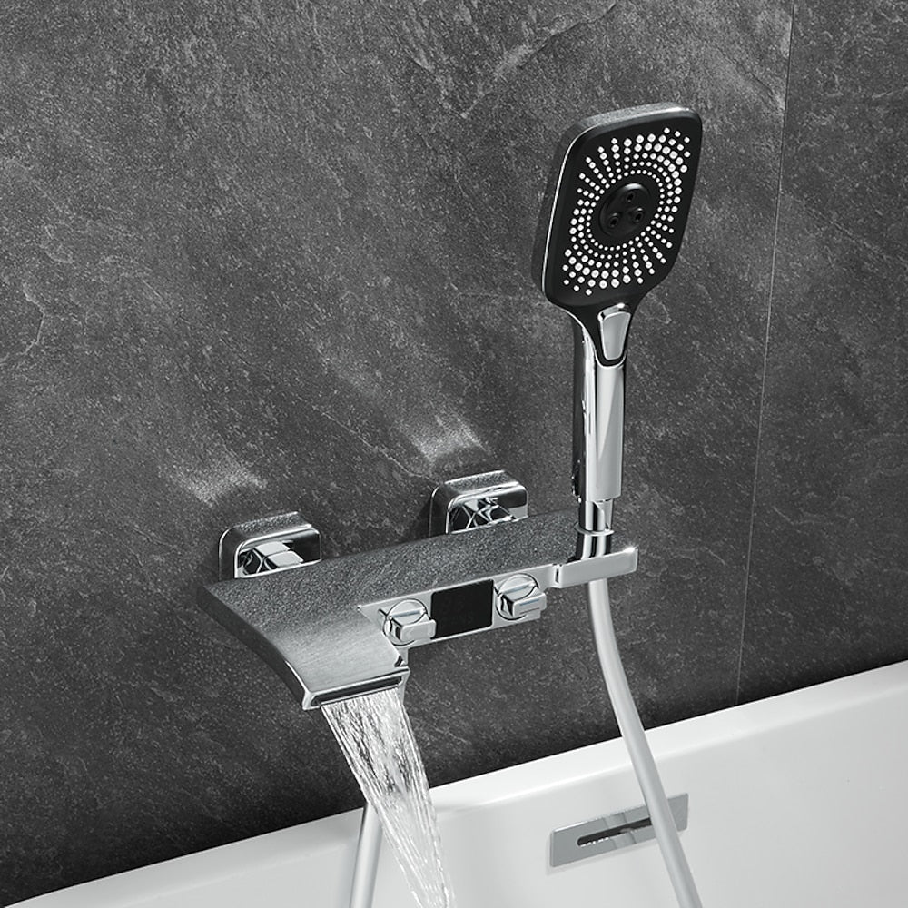 Wall-Mount Waterfall Tub Faucet, Dual-Handle Bath Mixer Tap with Handheld Shower