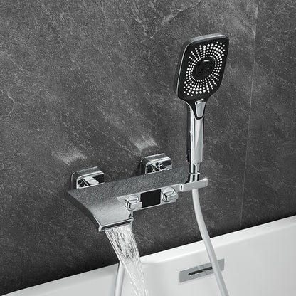 Wall-Mount Waterfall Tub Faucet, Dual-Handle Bath Mixer Tap with Handheld Shower