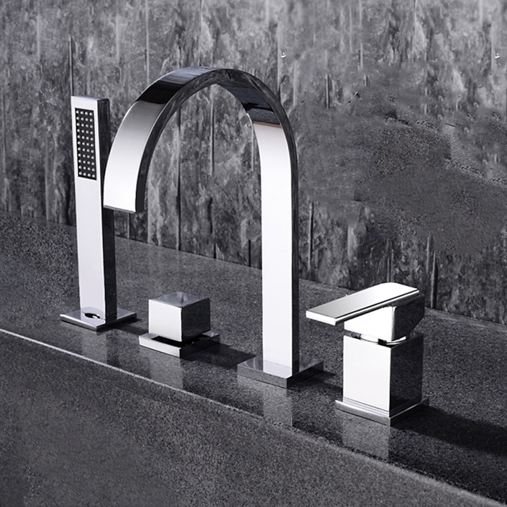 Waterfall Roman Tub Faucet, Deck-Mounted Single-Handle 4-Hole Faucet with Handheld Shower, Chrome / Matte Black