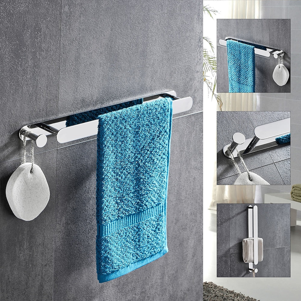 Modern Wall-Mounted Stainless Steel Towel Bar, Self-Adhesive Towel Rack with Integrated Hook, Matte Black / Chrome / Brushed Nickel / Brushed Gold