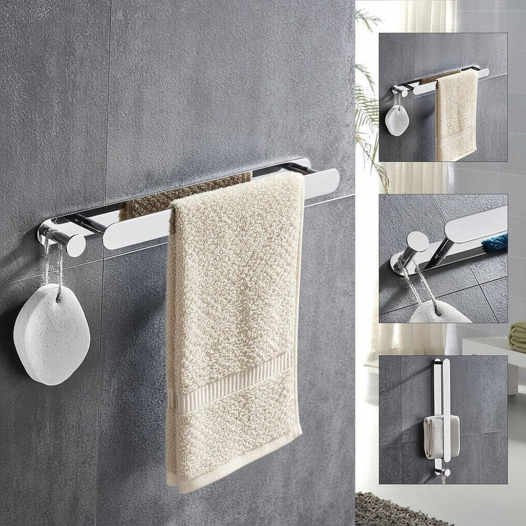 Towel rack with blue towel on a gray wall, with inset images showing different angles.