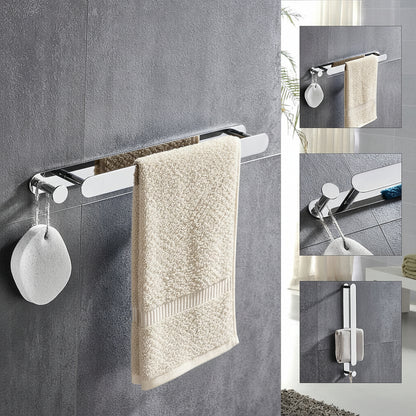 Towel rack with blue towel on a gray wall, with inset images showing different angles.