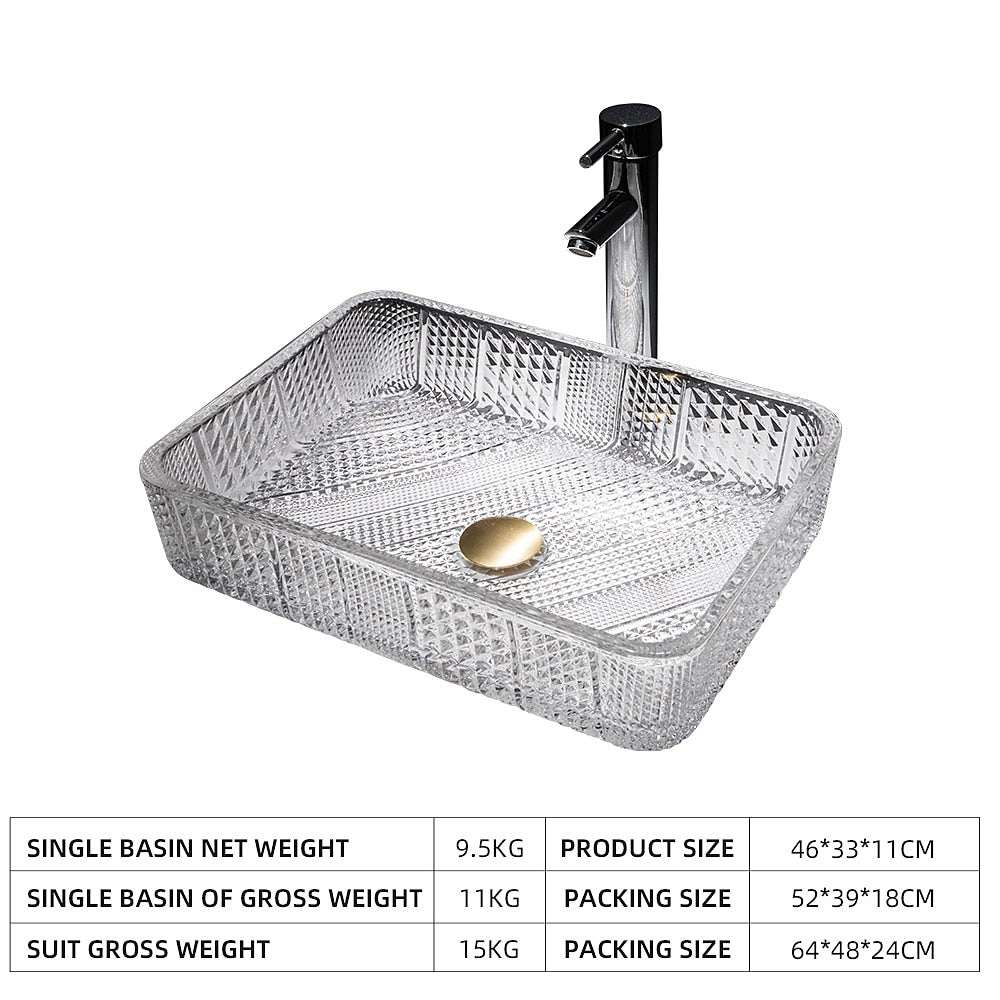 Transparent Rectangular Glass Vessel Sink, Single-Handle Chrome Faucet / Gold Pop-Up Drain Vessel Sink Set