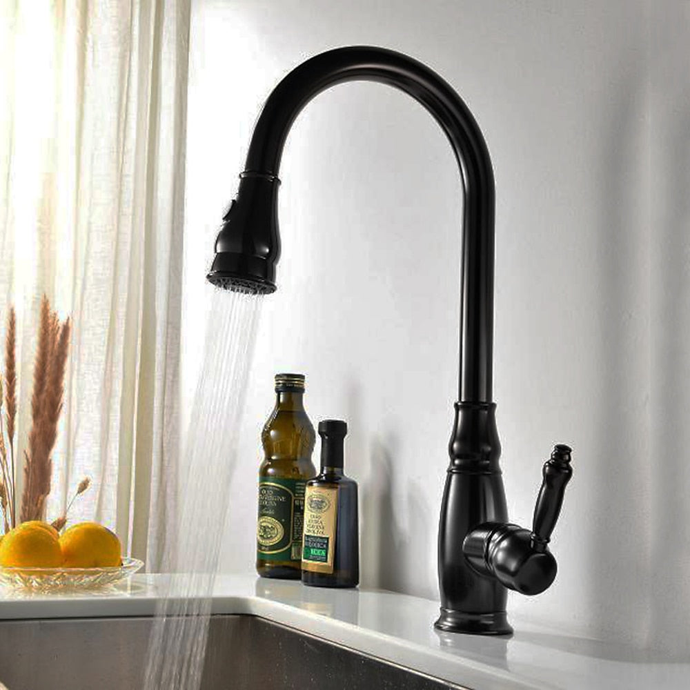 Traditional High-Arc Pull-Down Kitchen Faucet, Single-Handle Single-Hole Brass Faucet, Oil-Rubbed Bronze / Chrome / Brushed Nickel / Polished Gold