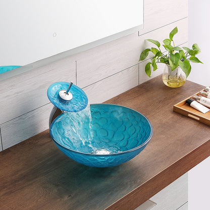 Blue Tempered Glass Vessel Sink with Chrome Waterfall Faucet, Modern Single-Hole Bathroom Vanity Basin Set with Pop-Up Drain