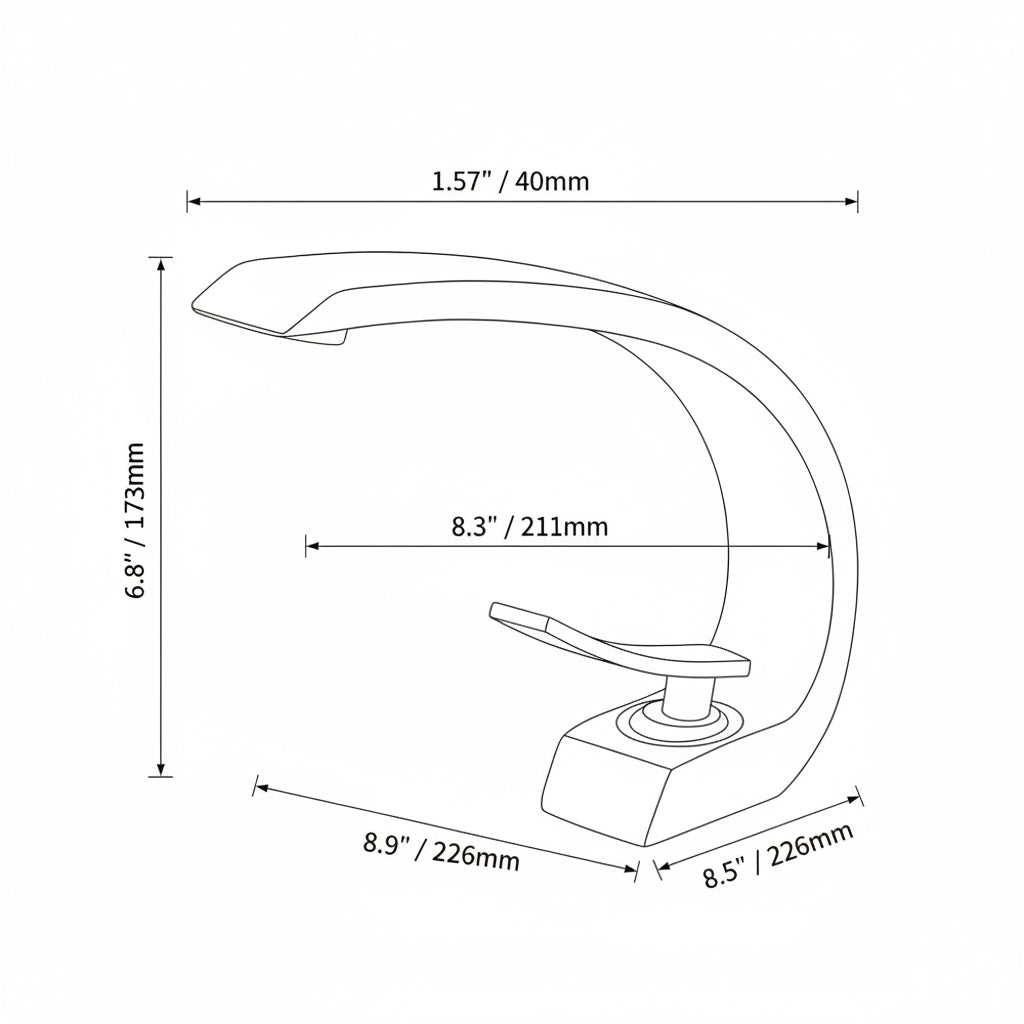 Chrome faucet with water flowing, shown with dimensions on a brown background
