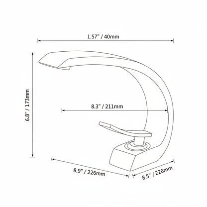 Chrome faucet with water flowing, shown with dimensions on a brown background