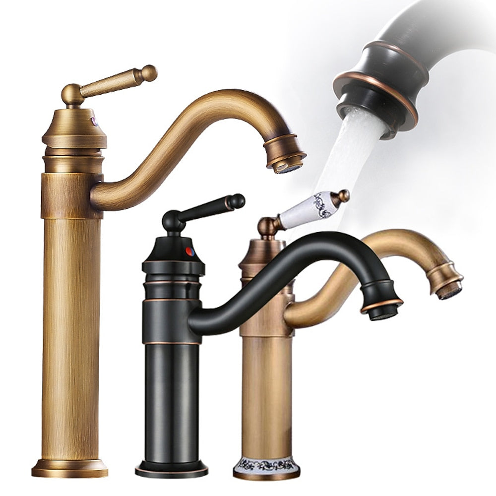 Antique Single-Hole Bathroom Faucet, Single-Handle Brass Faucet with Swivel Spout, Antique Brass / Oil-Rubbed Bronze / Brushed Nickel / Chrome / Polished Gold