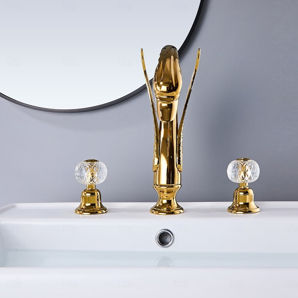 Polished Gold Swan Widespread Bathroom Faucet, Traditional Dual-Handle Basin Faucet with Crystal Knob Handles