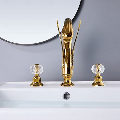 Polished Gold Swan Widespread Bathroom Faucet, Traditional Dual-Handle Basin Faucet with Crystal Knob Handles