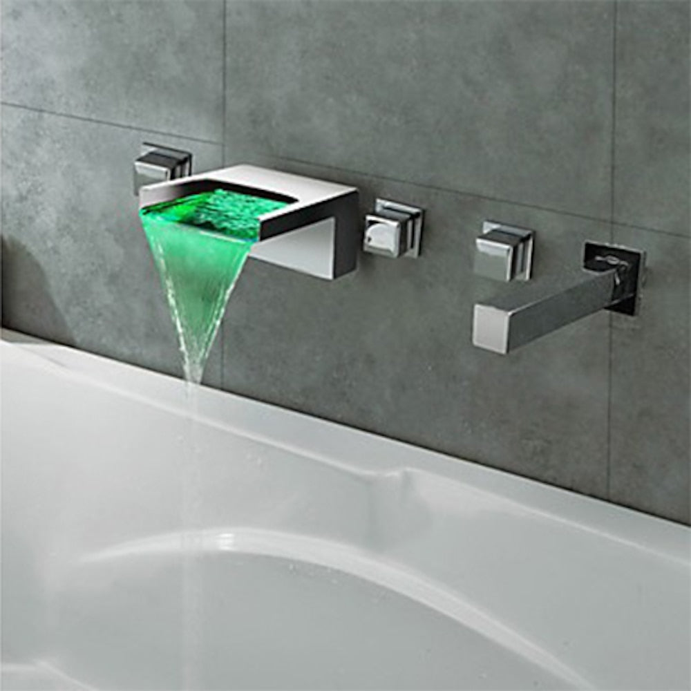 Chrome LED Waterfall Wall-Mount Tub Faucet, 3-Handle Brass Valve Bathtub Faucet with Handheld Shower