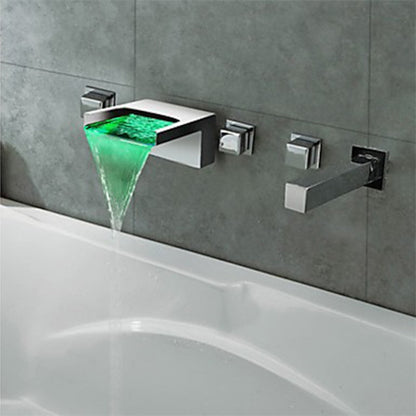 Chrome LED Waterfall Wall-Mount Tub Faucet, 3-Handle Brass Valve Bathtub Faucet with Handheld Shower