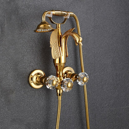 Swan Spout Wall-Mount Bathtub Faucet, Dual-Handle Tub Filler with Handheld Shower, Antique Brass / Matte Black / Chrome / Polished Gold