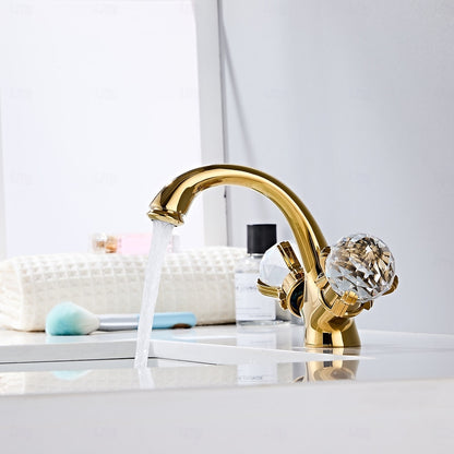 Polished Gold Modern Bathroom Faucet, Single-Hole Brass Vanity Faucet with Crystal Knob Handles