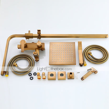Rainfall Wall-Mounted Shower System, Single-Handle Tub Spout Faucet, Antique Brass / Brushed Nickel
