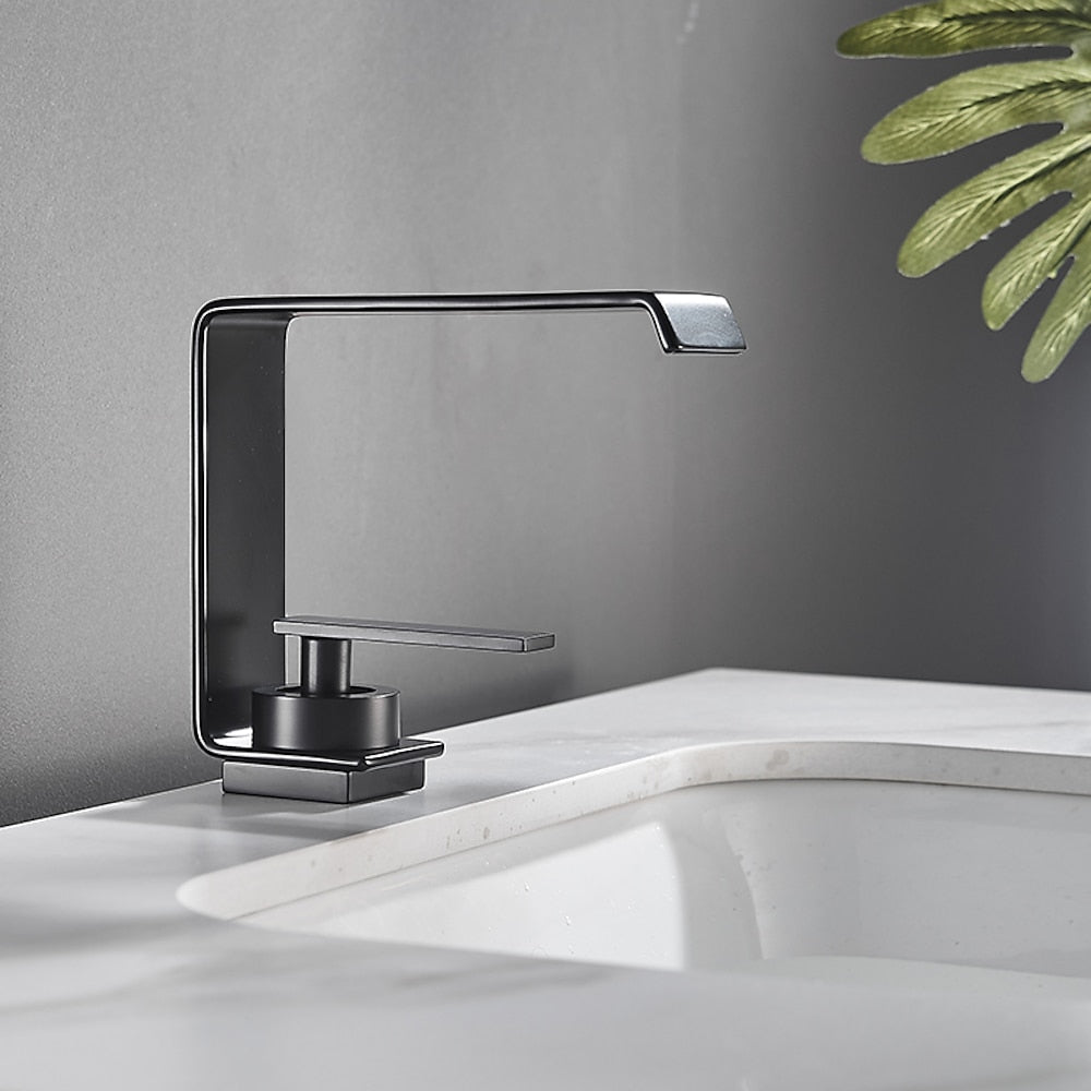 Modern Waterfall Bathroom Faucet, Single-Handle Single-Hole Brass Faucet, Matte Black / Chrome / Matte White