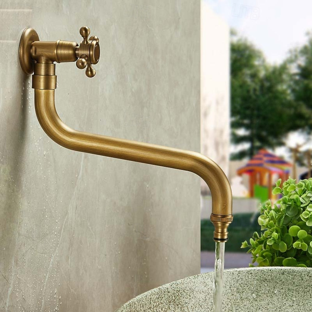 Antique Brass Vintage Wall-Mount Faucet, Single-Cold Single-Handle Faucet with Rotatable High-Arc Spout