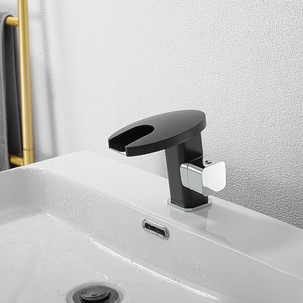 LED Waterfall Bathroom Faucet, Single-Handle Deck-Mount Faucet, Matte Black / Chrome / Polished Gold / Matte White