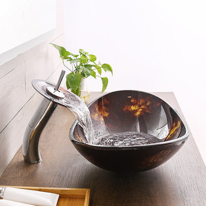 Waterfall Faucet, Brown Oval Glass Vessel Sink with Pop-Up Drain