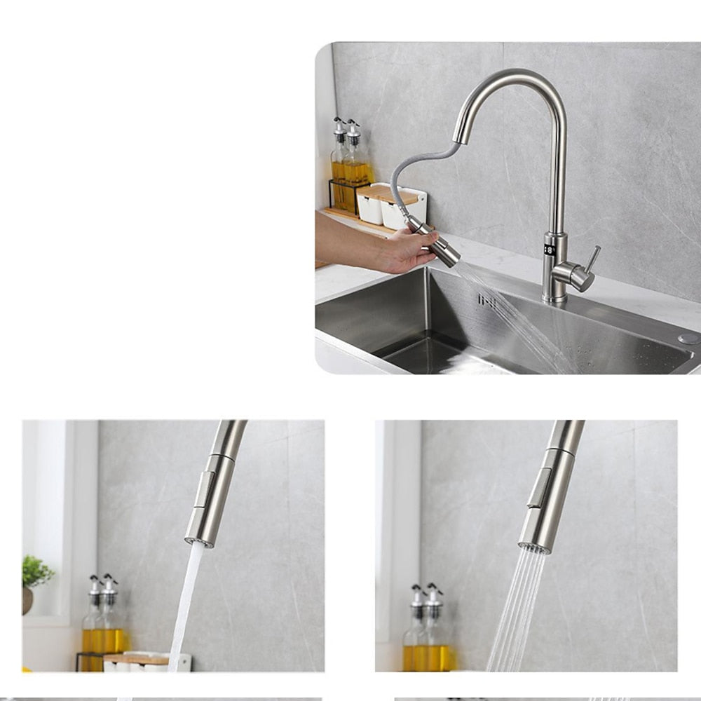 Touchless Sensor Stainless Steel Pull-Down Kitchen Faucet, Modern Single-Handle Digital Display Faucet