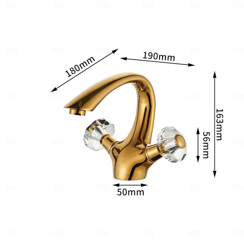 Polished Gold Modern Bathroom Sink Faucet, Single-Hole Dual-Handle Brass Faucet with Crystal Knob Handles