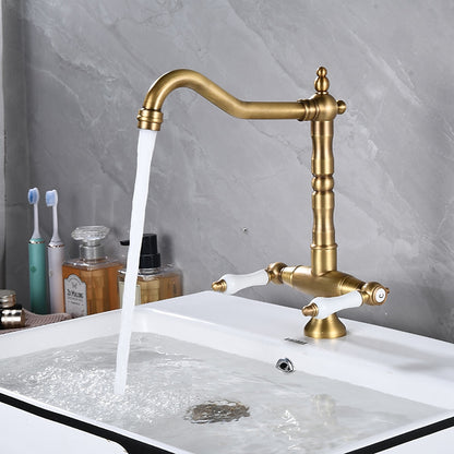 Antique Single-Hole Bathroom Faucet, Dual Ceramic Handle Swivel Spout Faucet, Antique Brass / Brushed Nickel / Chrome / Matte Black / Polished Gold