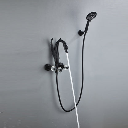 Vintage Swan-Shaped Brass Tub Filler Faucet, Wall-Mount Dual-Handle Bathtub Faucet with Handheld Shower, Antique Brass / Matte Black / Chrome / PVD