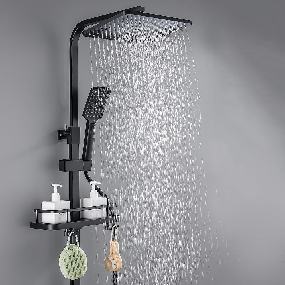 Matte Black Modern Wall-Mounted Shower System, Exposed Rainfall / Handheld Shower System with Bidet Sprayer / Storage Shelf