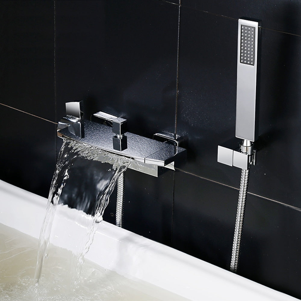 Waterfall Wall-Mount Tub Filler, Modern Brass Dual-Handle Bathtub Faucet with Handheld Shower, Chrome / Matte Black
