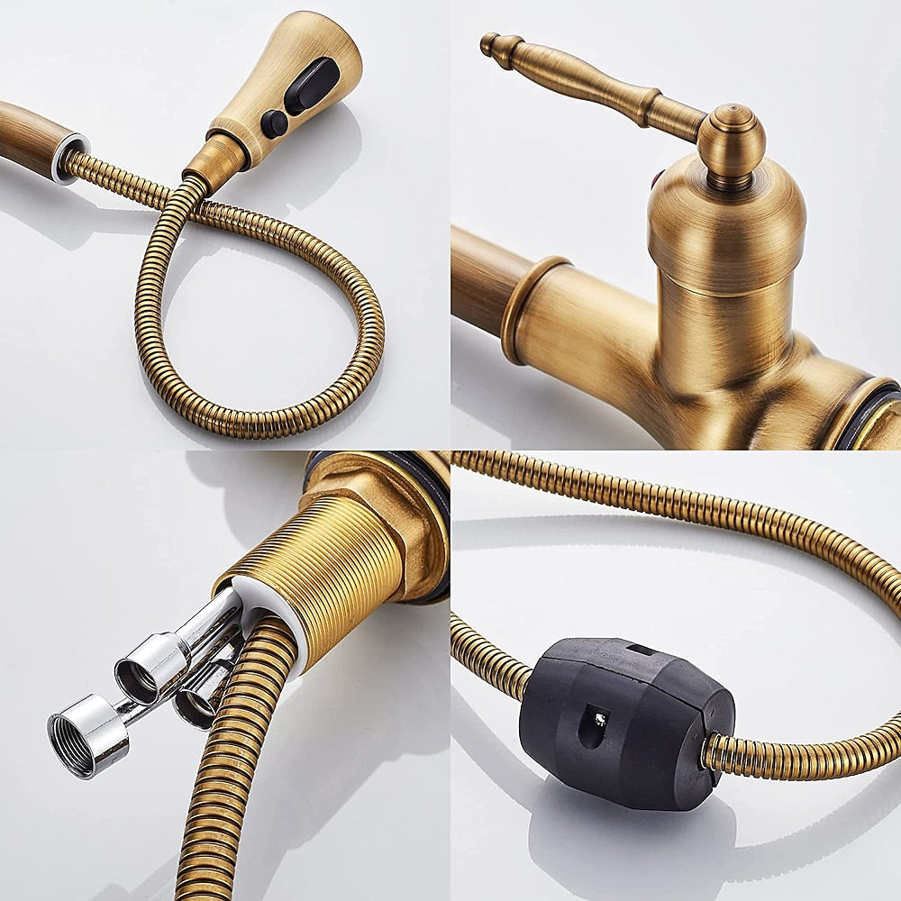 Antique Brass Retro Kitchen Faucet, Deck-Mount Single-Handle Pull-Out Faucet with Soap Dispenser / Pop-Up Drain