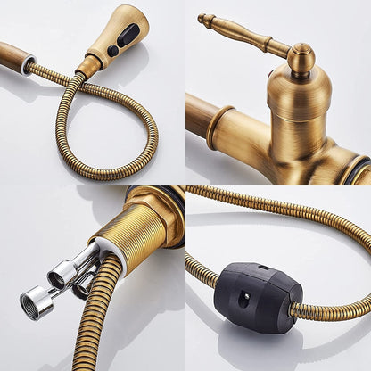 Antique Brass Retro Kitchen Faucet, Deck-Mount Single-Handle Pull-Out Faucet with Soap Dispenser / Pop-Up Drain