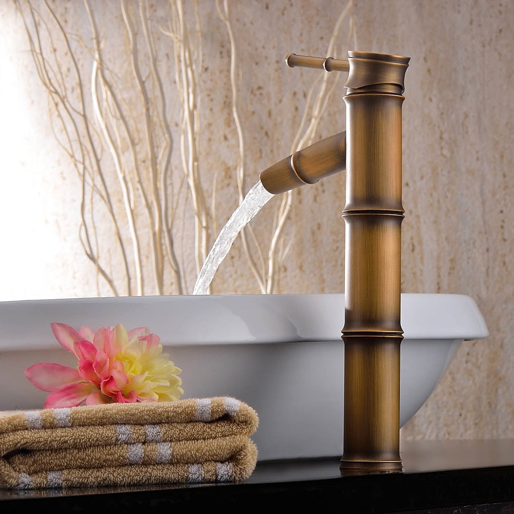 Antique Brass Vintage Single-Hole Faucet, Single-Handle Bamboo Vessel Sink Faucet