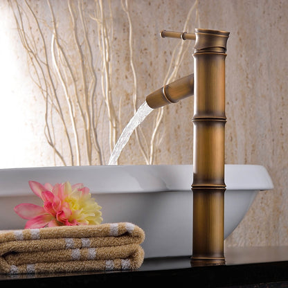 Antique Brass Vintage Single-Hole Faucet, Single-Handle Bamboo Vessel Sink Faucet