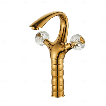 Polished Gold Single-Hole Bathroom Faucet, Modern Dual-Handle Faucet with Crystal Knob Handles