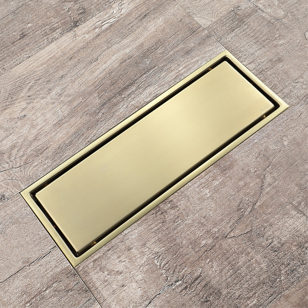 Brushed Gold Stainless Steel Floor Drain, Linear Tile Insert Drain with Hair Strainer