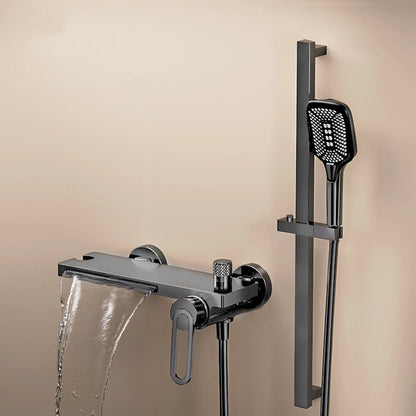 Modern Waterfall Wall-Mount Bathtub Faucet, Single-Handle Brass Tub Faucet with Handheld Shower, Brushed Gold / Chrome / Gunmetal / Matte Black / Matte White / Polished Gold