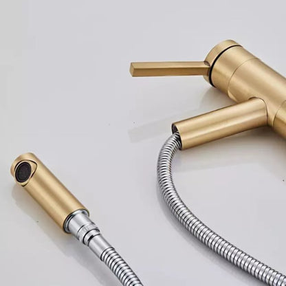 Brushed Gold Single-Hole Bathroom Faucet, Single-Handle Pull-Out Spout Faucet