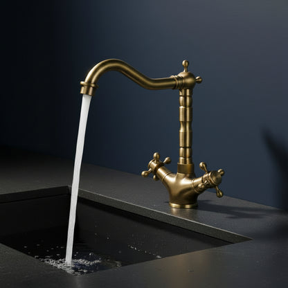 Traditional Antique Brass Single-Hole Bathroom Faucet, Double Cross-Handle High Arc Faucet