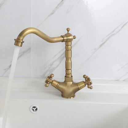 Traditional Antique Brass Single-Hole Bathroom Faucet, Double Cross-Handle High Arc Faucet