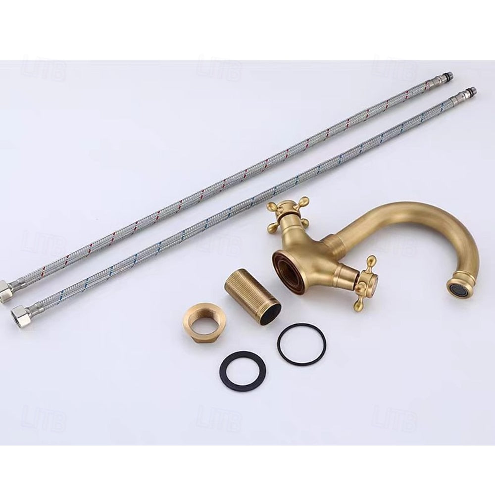 Antique Brass Swivel Spout Bathroom Faucet, Single-Hole Dual Cross Handle Vanity Faucet