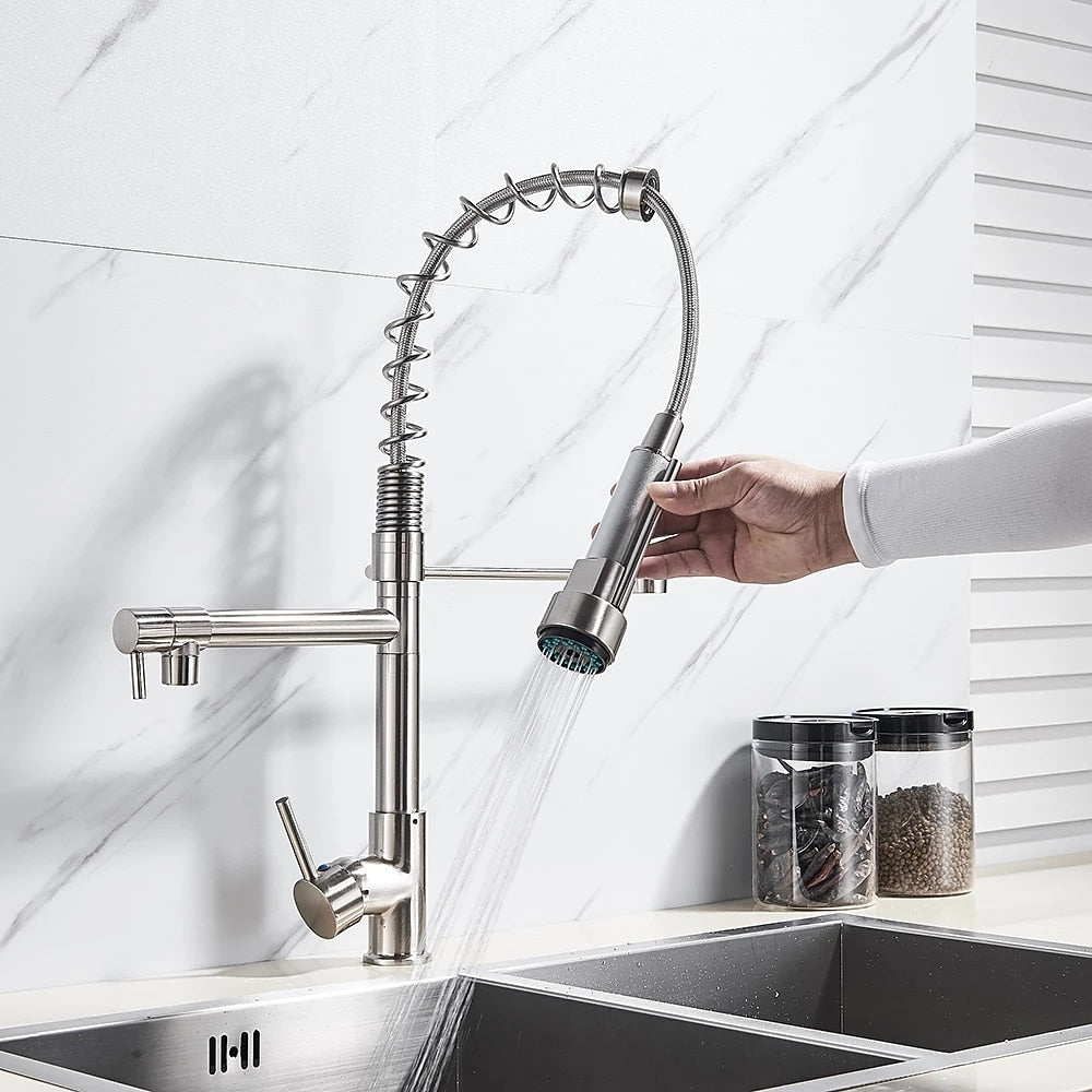 Chrome Brass Pre-Rinse Kitchen Faucet, Single-Handle Pull-Down Faucet, 360-Degree Swivel Pot Filler Faucet