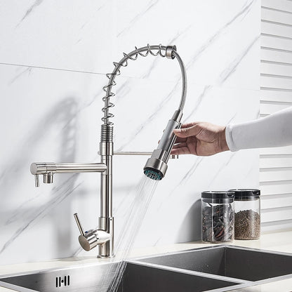 Chrome Brass Pre-Rinse Kitchen Faucet, Single-Handle Pull-Down Faucet, 360-Degree Swivel Pot Filler Faucet