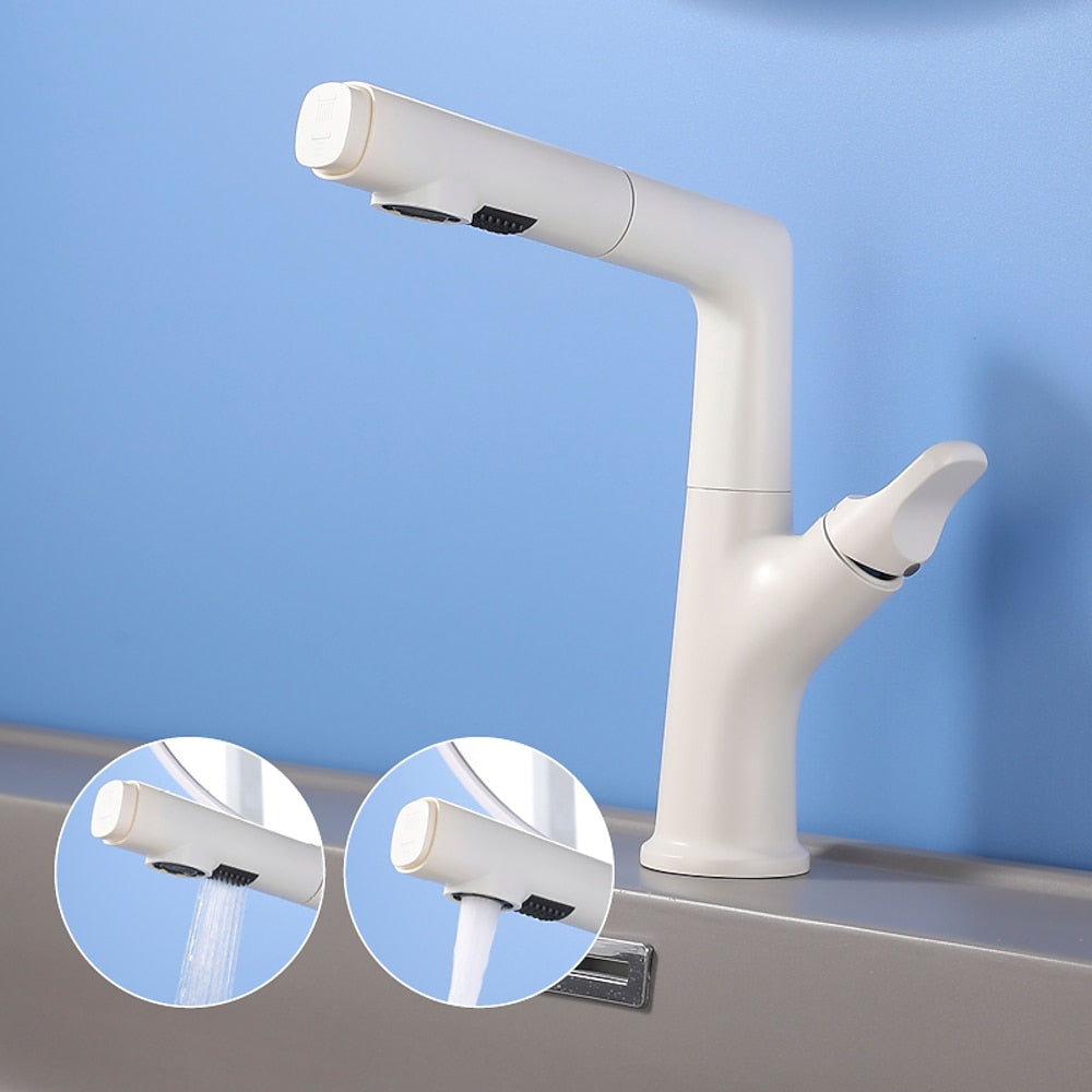 Pull-Out Spout Modern Bathroom Faucet, Single-Handle Single-Hole Swivel Faucet, Matte White / Chrome / Gunmetal