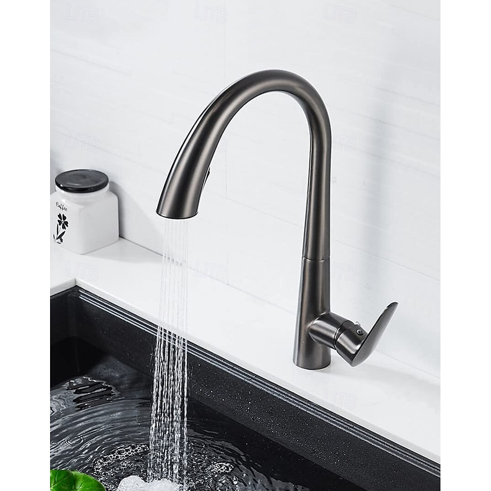 Pull-Down Kitchen Faucet, High Arc Single-Handle Brass Sink Faucet, Gunmetal / Matte White / Matte Black / Brushed Nickel