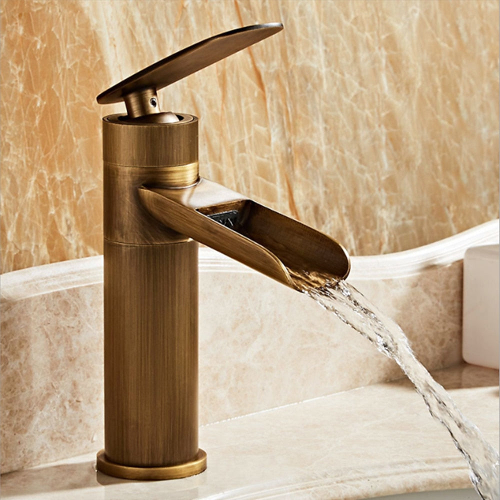 Modern Brass Waterfall Bathroom Faucet, Single-Hole Deck Mounted Faucet